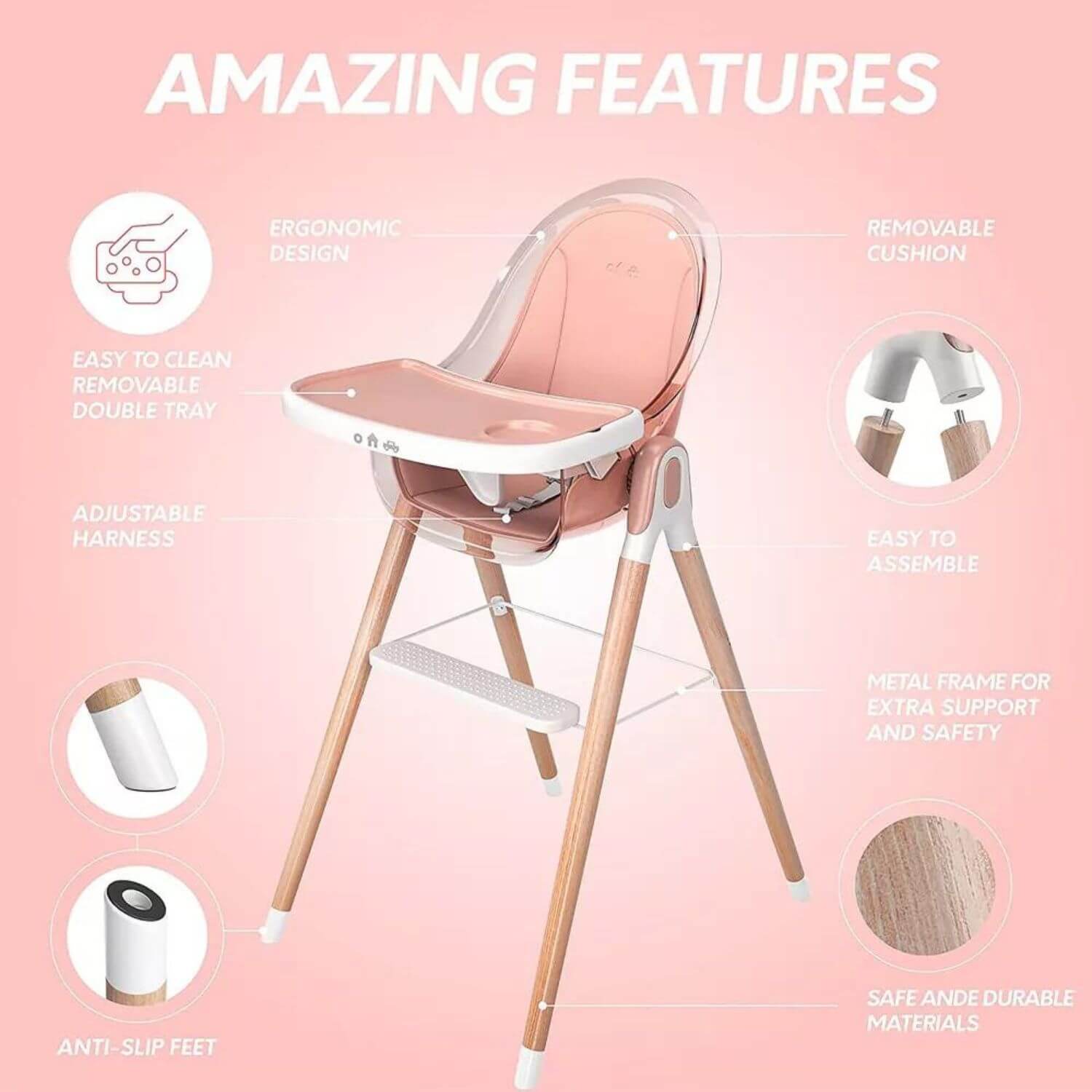Children Of Design 6 in 1 Classic High Chair in Pink - Detail