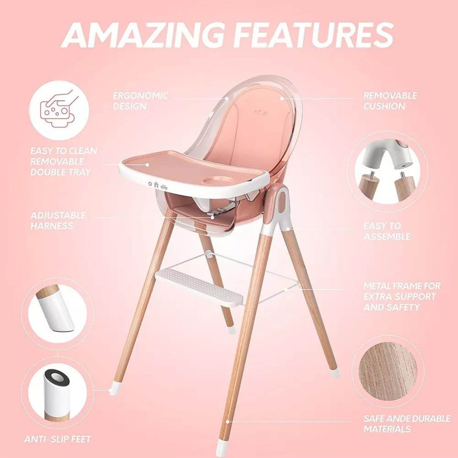 Children Of Design 6 in 1 Classic High Chair in Pink - Detail