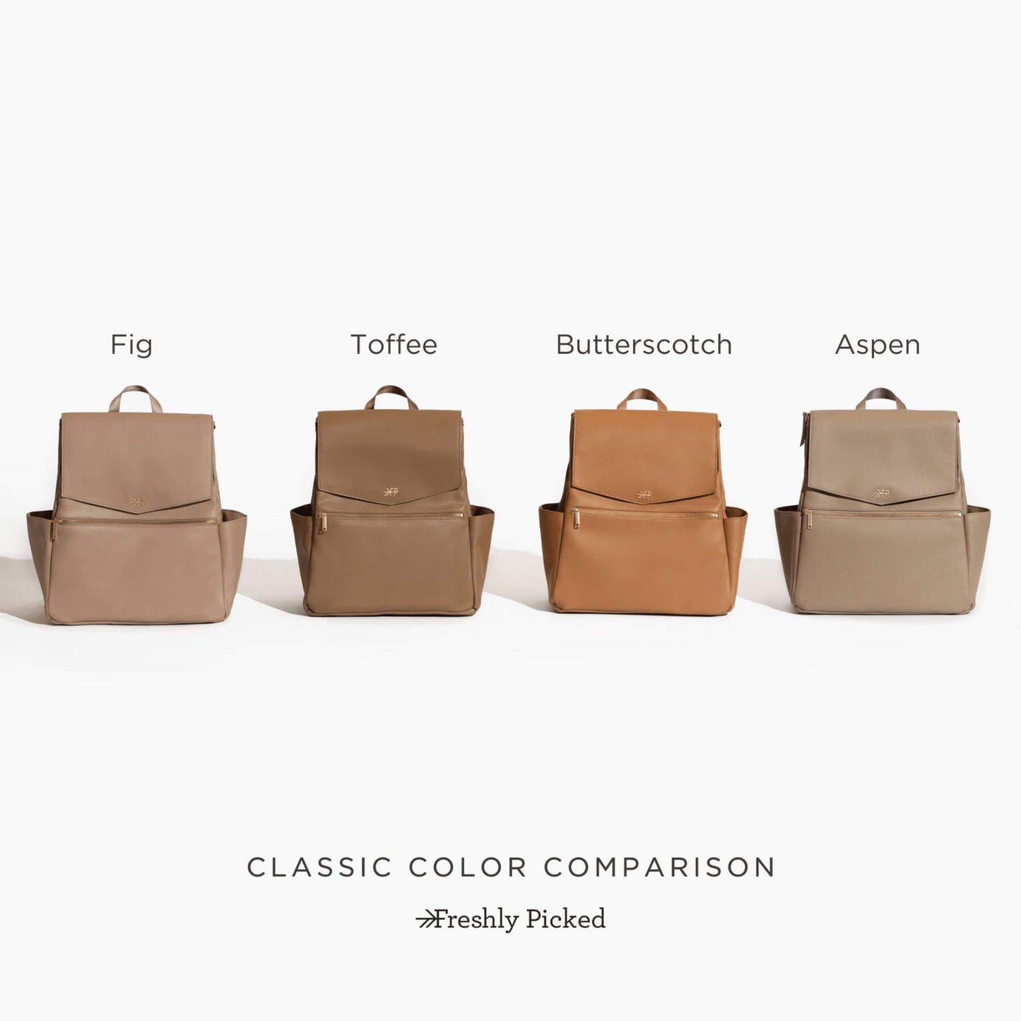 Four Butterscotch Classic Diaper Bag II in different colors with labels