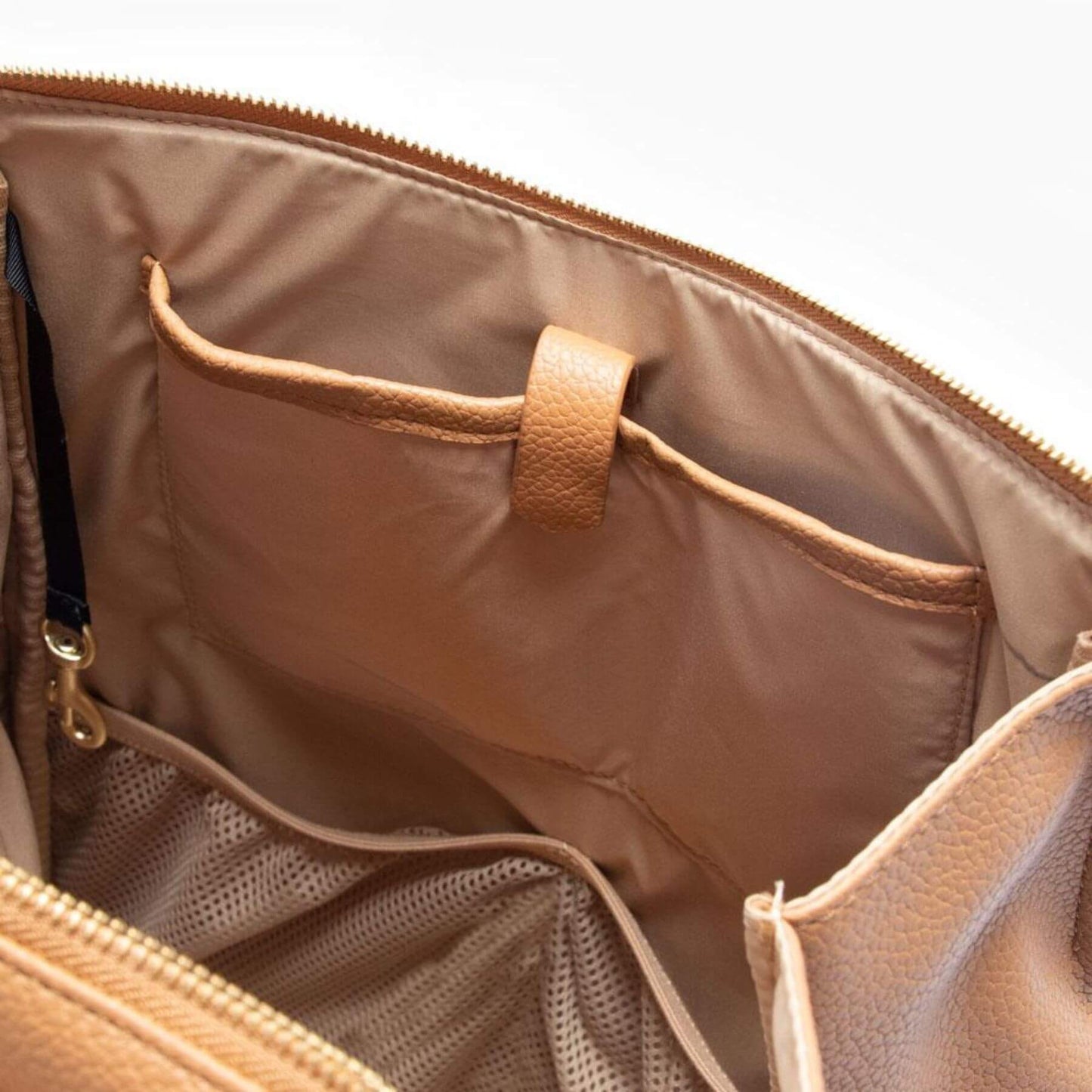 Close-up Butterscotch Classic Diaper Bag II with interior details