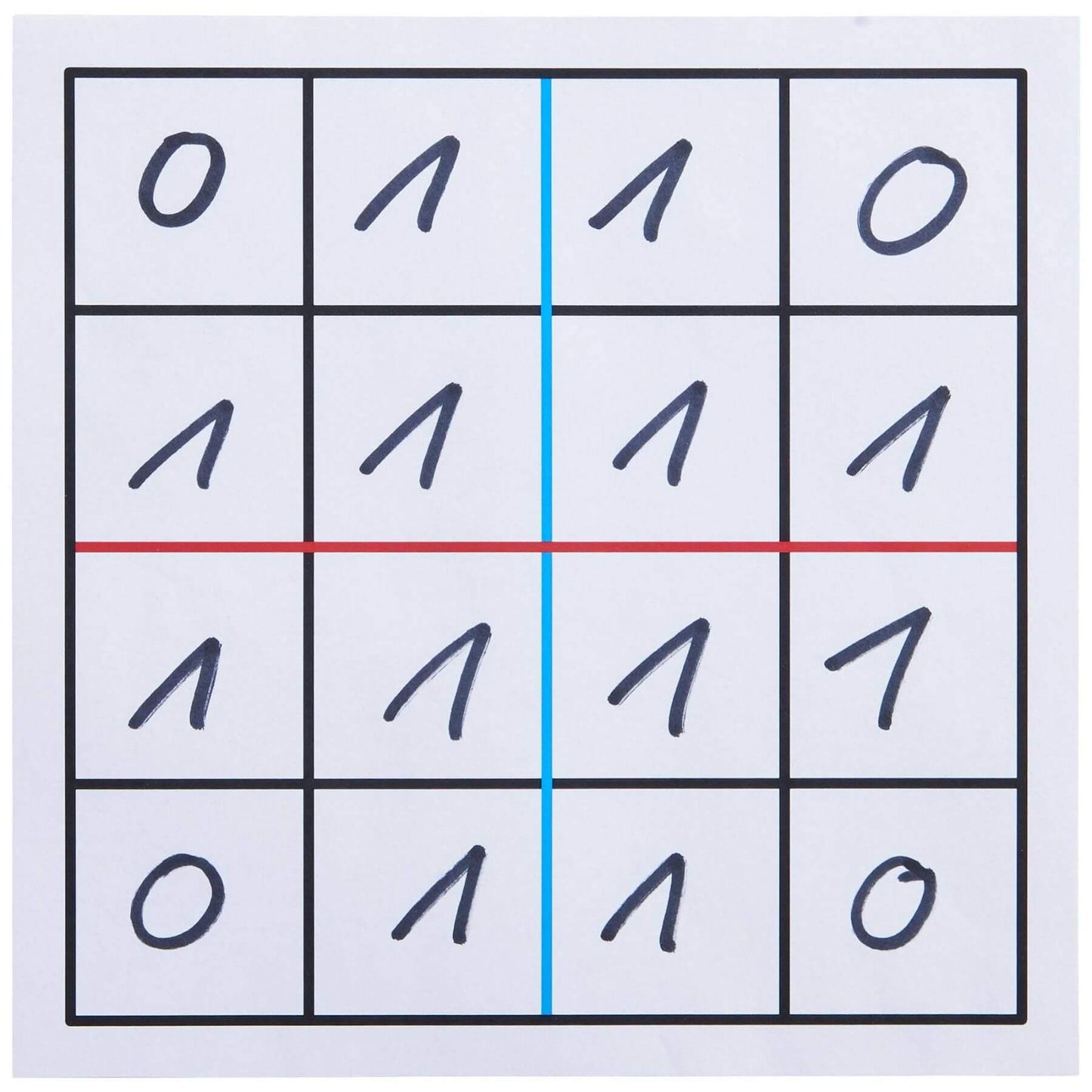 Grid with binary numbers '0' and '1' colored with red and blue lines.
