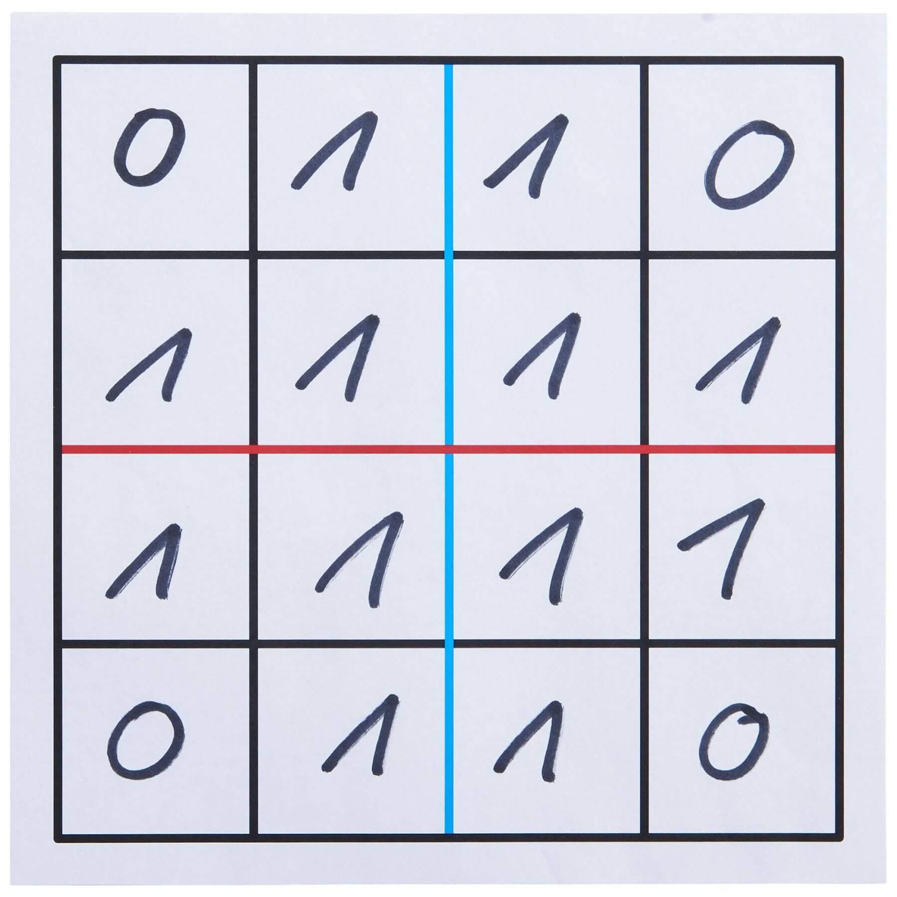 Grid with binary numbers '0' and '1' colored with red and blue lines.