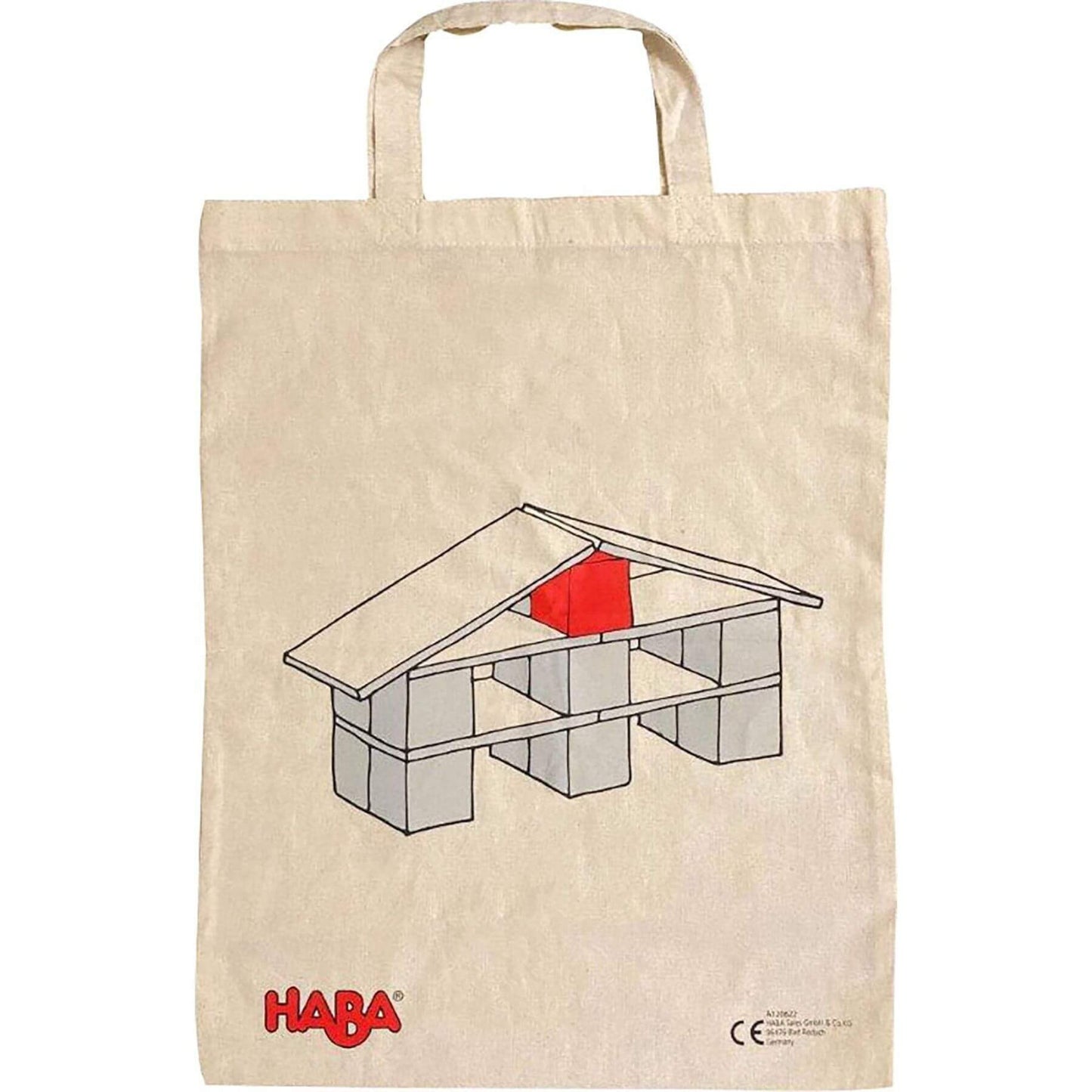 Beige tote bag with a graphic design of a playset and HABA logo on a white background