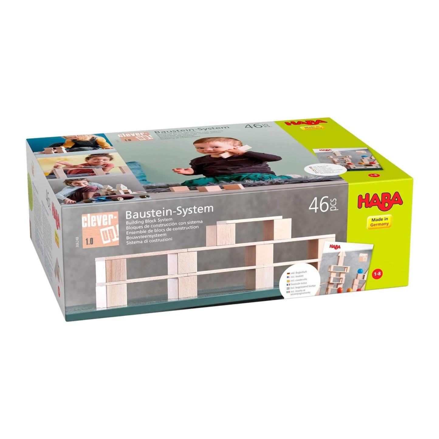 HABA building block system packaging with images of children playing and HABA branding.