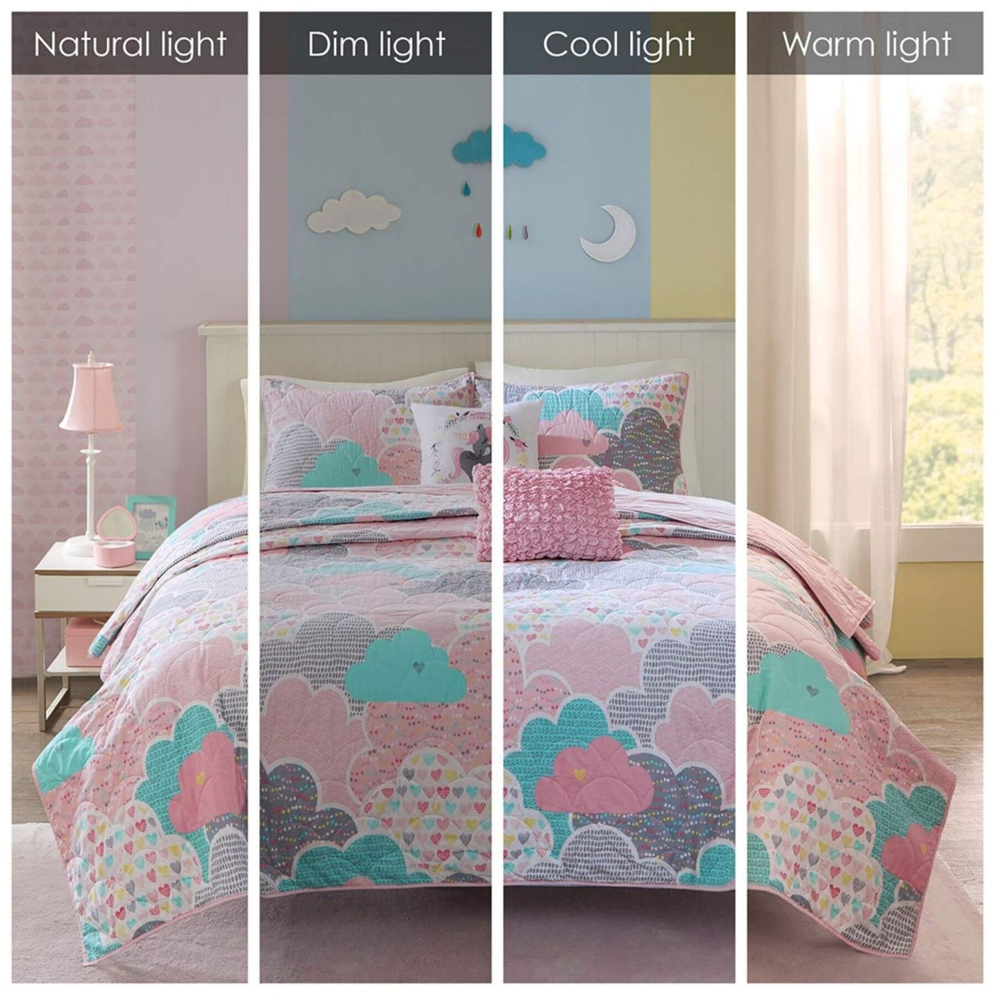 Cloud Reversible Cotton Quilt Set Pink - View Under 4 Degrees of Light