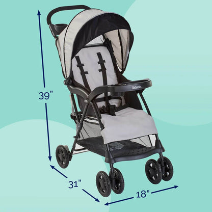 Kolcraft Cloud Plus Lightweight Stroller on a light aqua background with blue dimension arrows and labels indicating height 39 inches, width 31 inches, depth 18 inches, and a seat width of 18 inches.