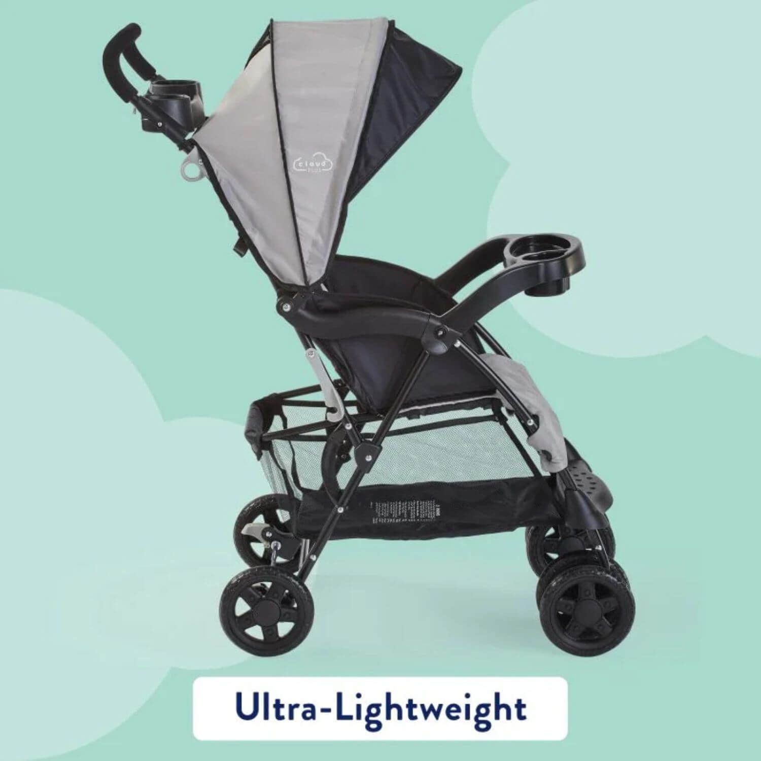 Kolcraft Cloud Plus Lightweight Stroller on a light green background with 'Ultra-Lightweight' text.