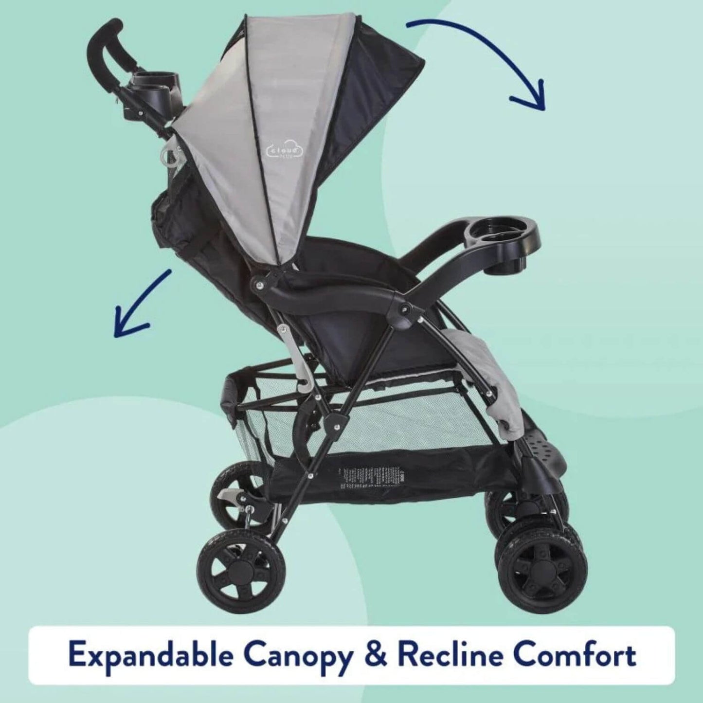 Kolcraft Cloud Plus Lightweight Stroller with expandable canopy and recline comfort features on a light blue background