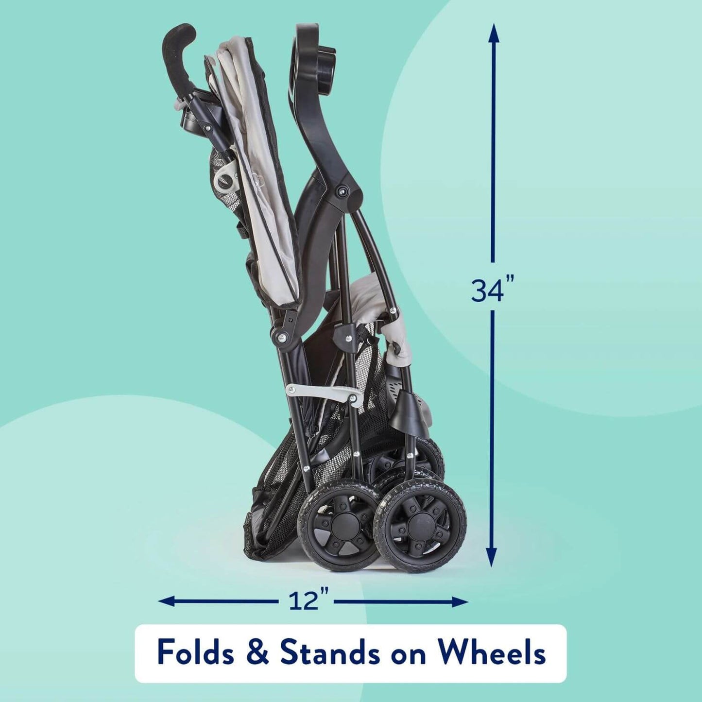 Folded Kolcraft Cloud Plus Lightweight Stroller shown on a light aqua graphic background with measurement arrows and labels indicating 34 inches tall and 12 inches wide, plus the text 'Folds & Stands on Wheels.'.