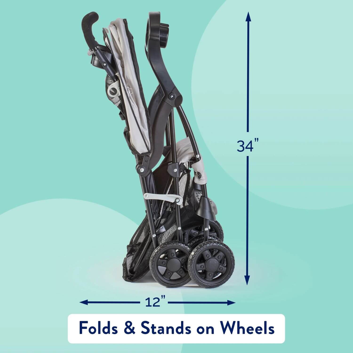 Folded Kolcraft Cloud Plus Lightweight Stroller shown on a light aqua graphic background with measurement arrows and labels indicating 34 inches tall and 12 inches wide, plus the text 'Folds & Stands on Wheels.'.