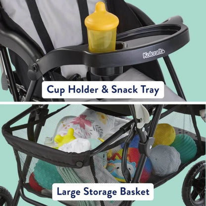 Stroller cup holder and snack tray with a yellow sippy cup, and large storage basket with toys on a teal background.