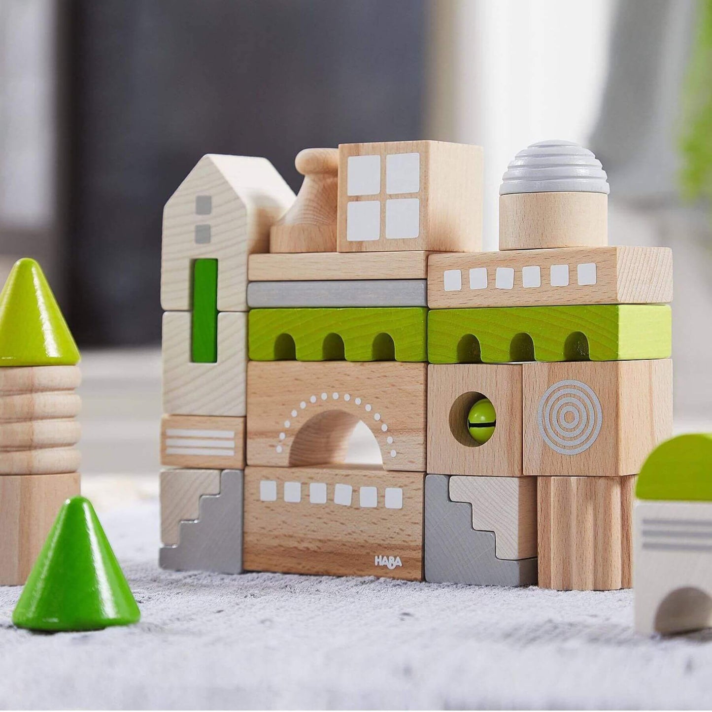 HABA USA Coburg 28 Piece Wooden Building Blocks on a neutral background
