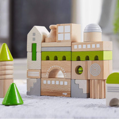 HABA USA Coburg 28 Piece Wooden Building Blocks on a neutral background