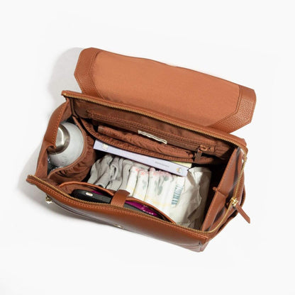Cognac Classic Diaper Bag II with items inside