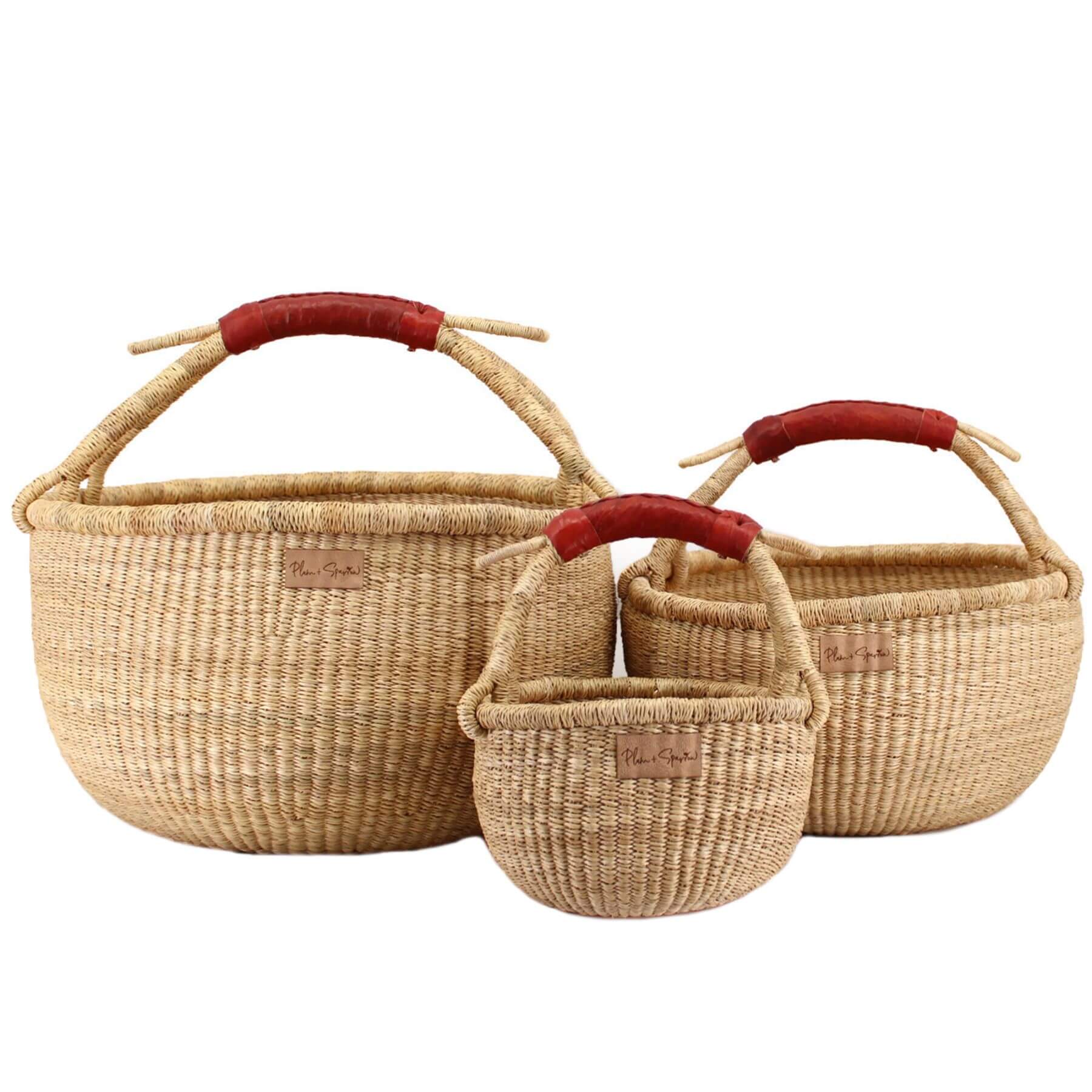 Plum+Sparrow Cognac Handle Small Market Basket on a white background