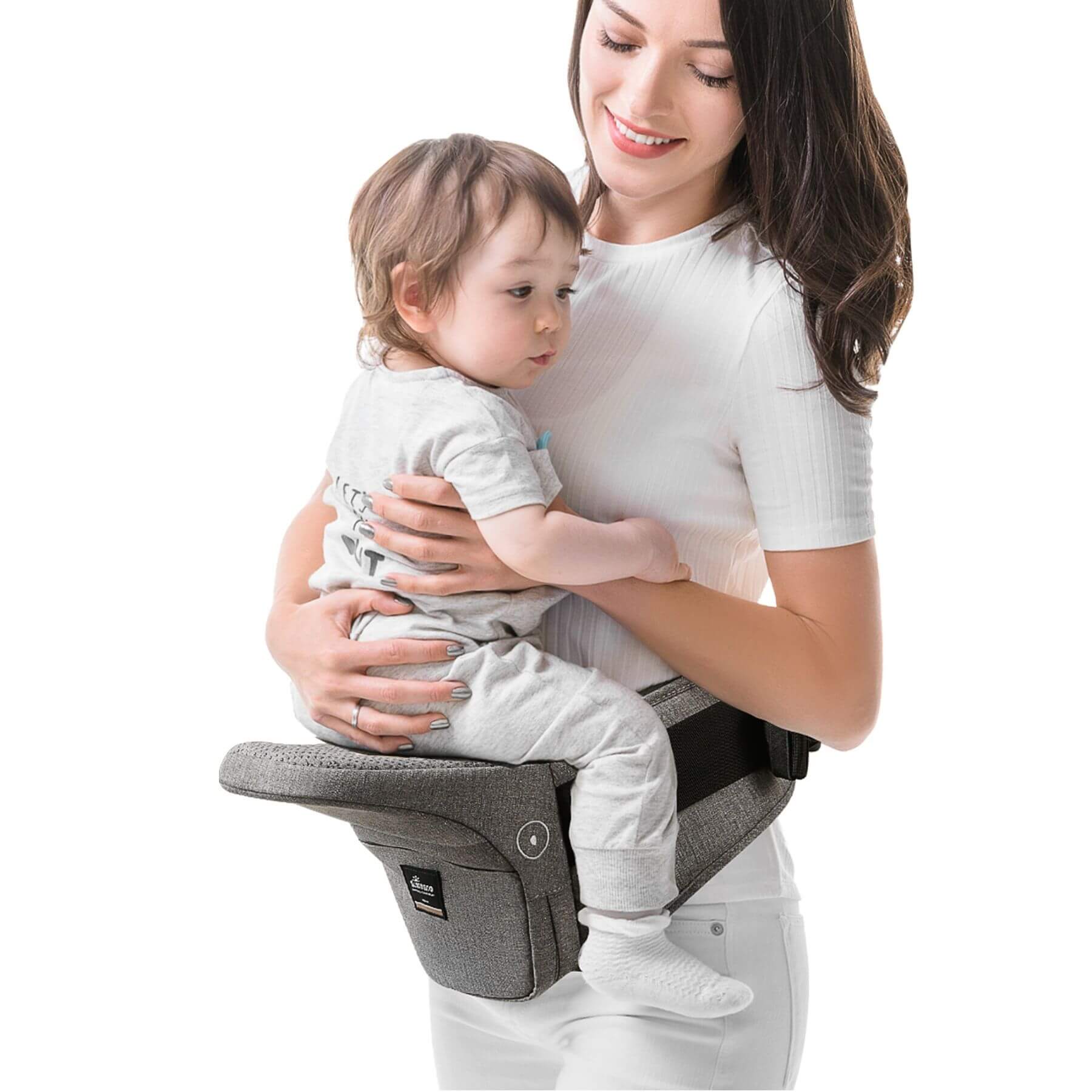 Woman carrying a baby with Sunveno Collapsible Hipseat Carrier