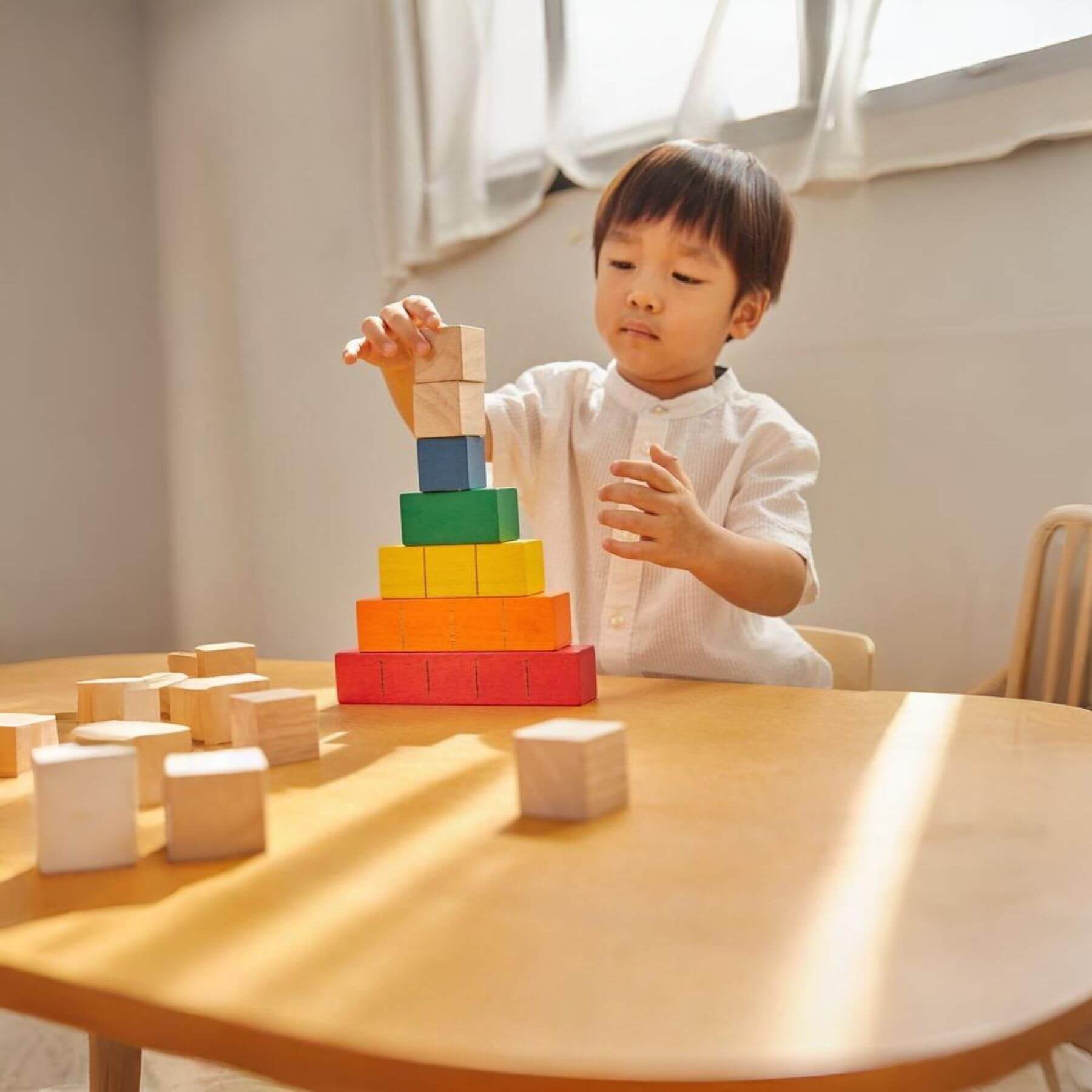 Boy Playing PlanToys Colored Counting Blocks - Unit Plus