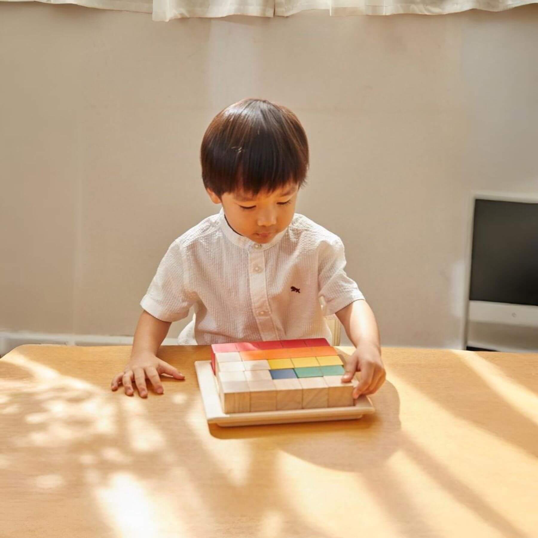 Boy Playing PlanToys Colored Counting Blocks - Unit Plus
