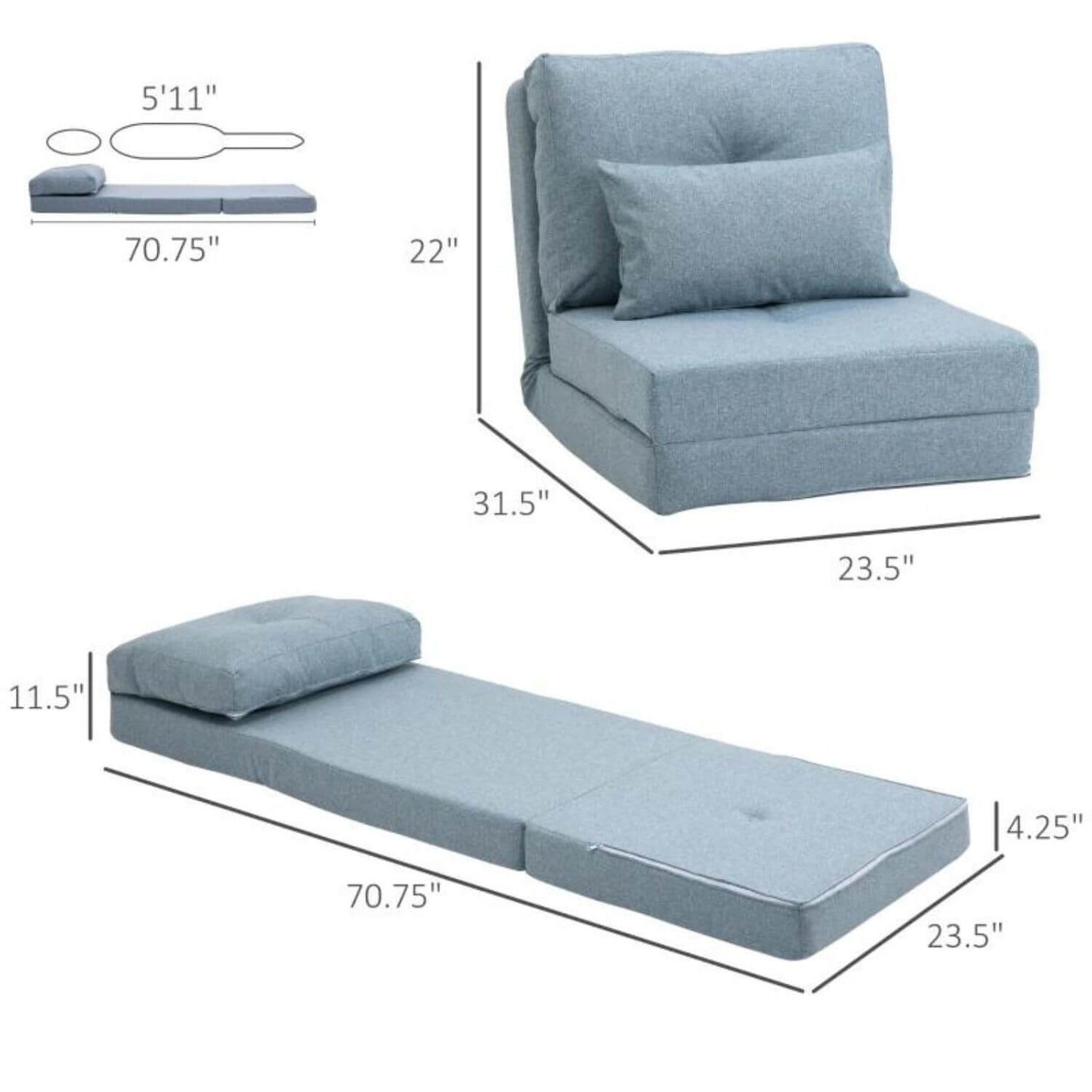 HOMCOM Convertible Flip Chair | Folding Couch Bed | Blue