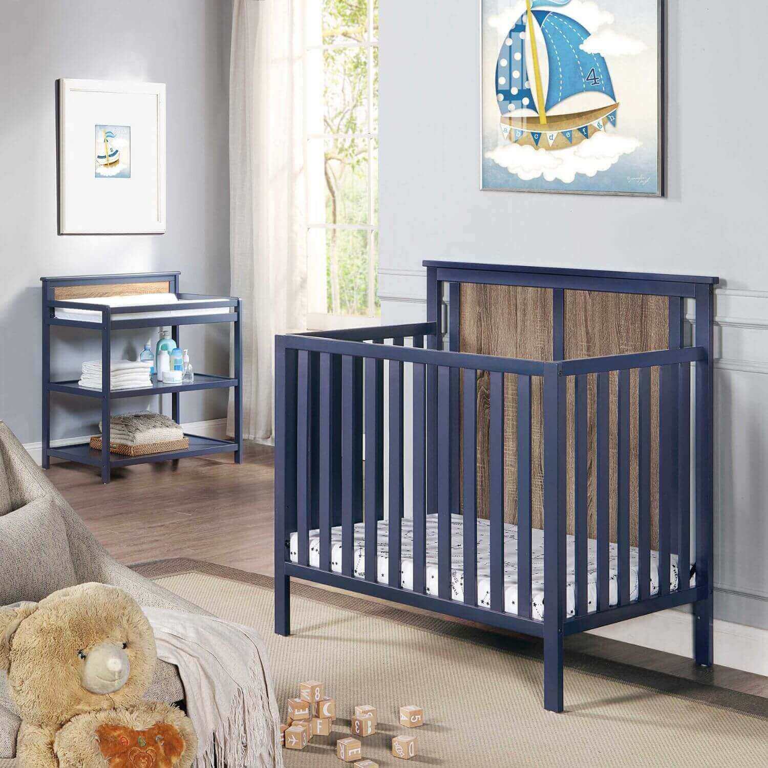 Connelly Mini Crib With Mattress Pad Midnight Blue/Vintage Walnut