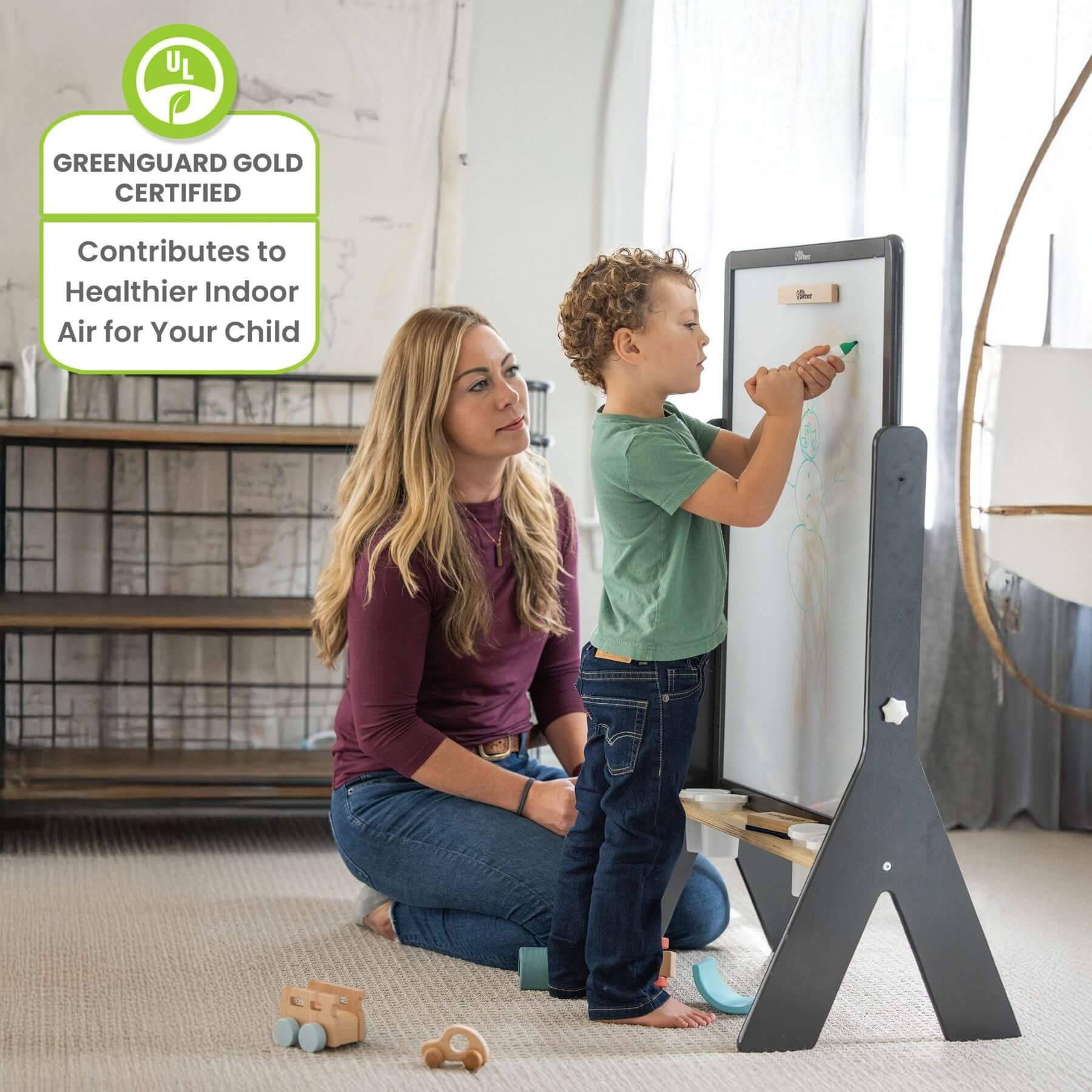 Mom Watching Boy Drawing on Little Partners Contempo Art Easel Charcoal