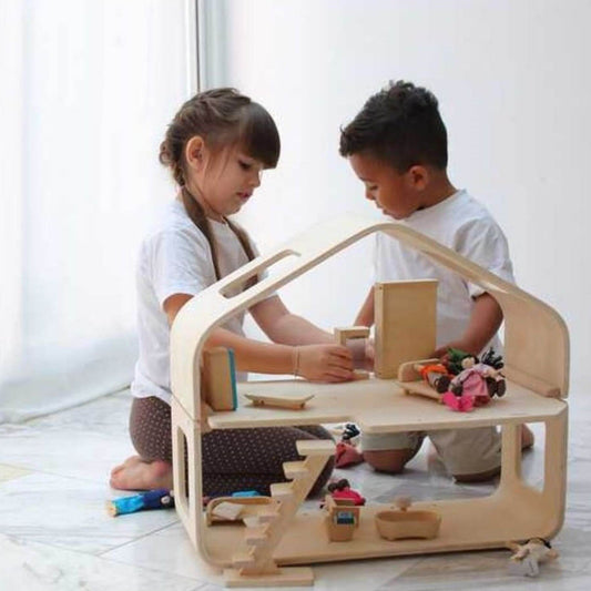 Kids Playing PlanToys Contemporary Dollhouse