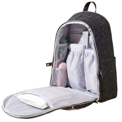 Open Sunveno Convertible Tweed Diaper Backpack Black with organized items