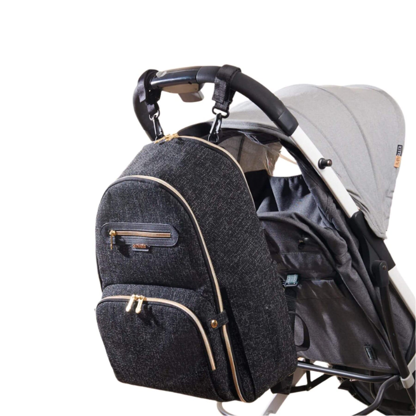 Sunveno Convertible Tweed Diaper Backpack Black attached to a stroller