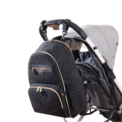 Sunveno Convertible Tweed Diaper Backpack Black attached to a stroller