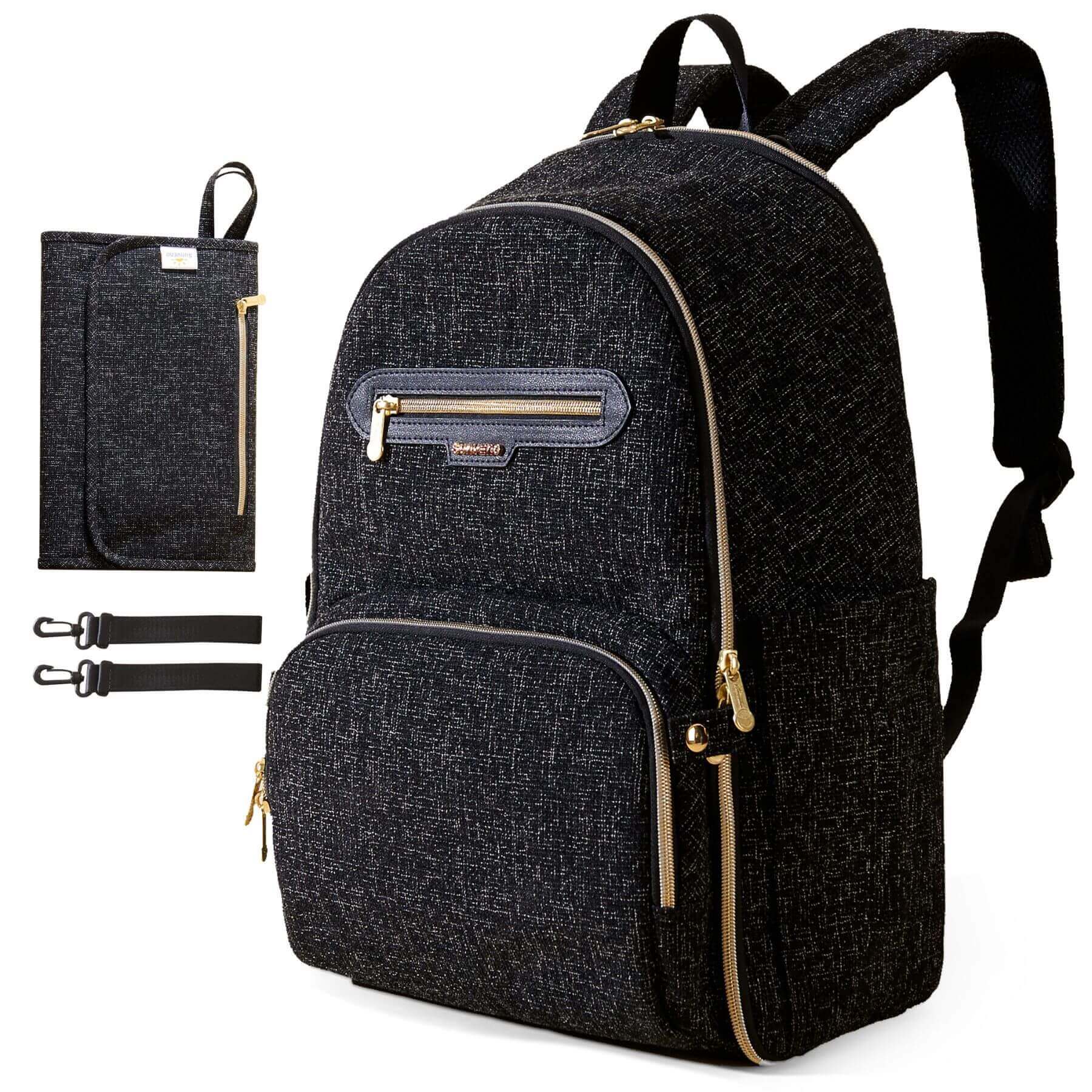 Sunveno Convertible Tweed Diaper Backpack Black and additional pouches