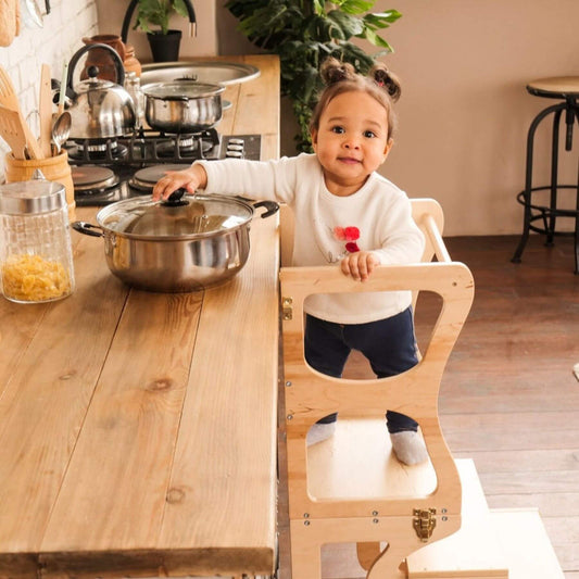 Girl Standing on Wood and Hearts Convertible Kitchen Tower