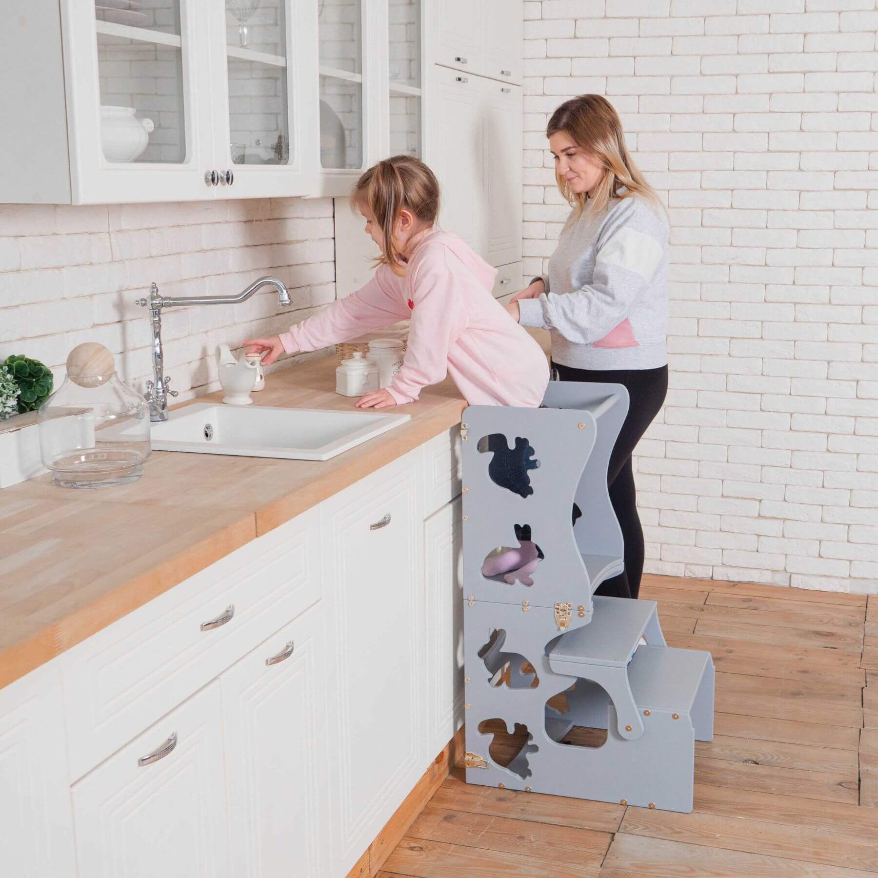 Girl Standing on Wood and Hearts Convertible Kitchen Tower Animals Grey