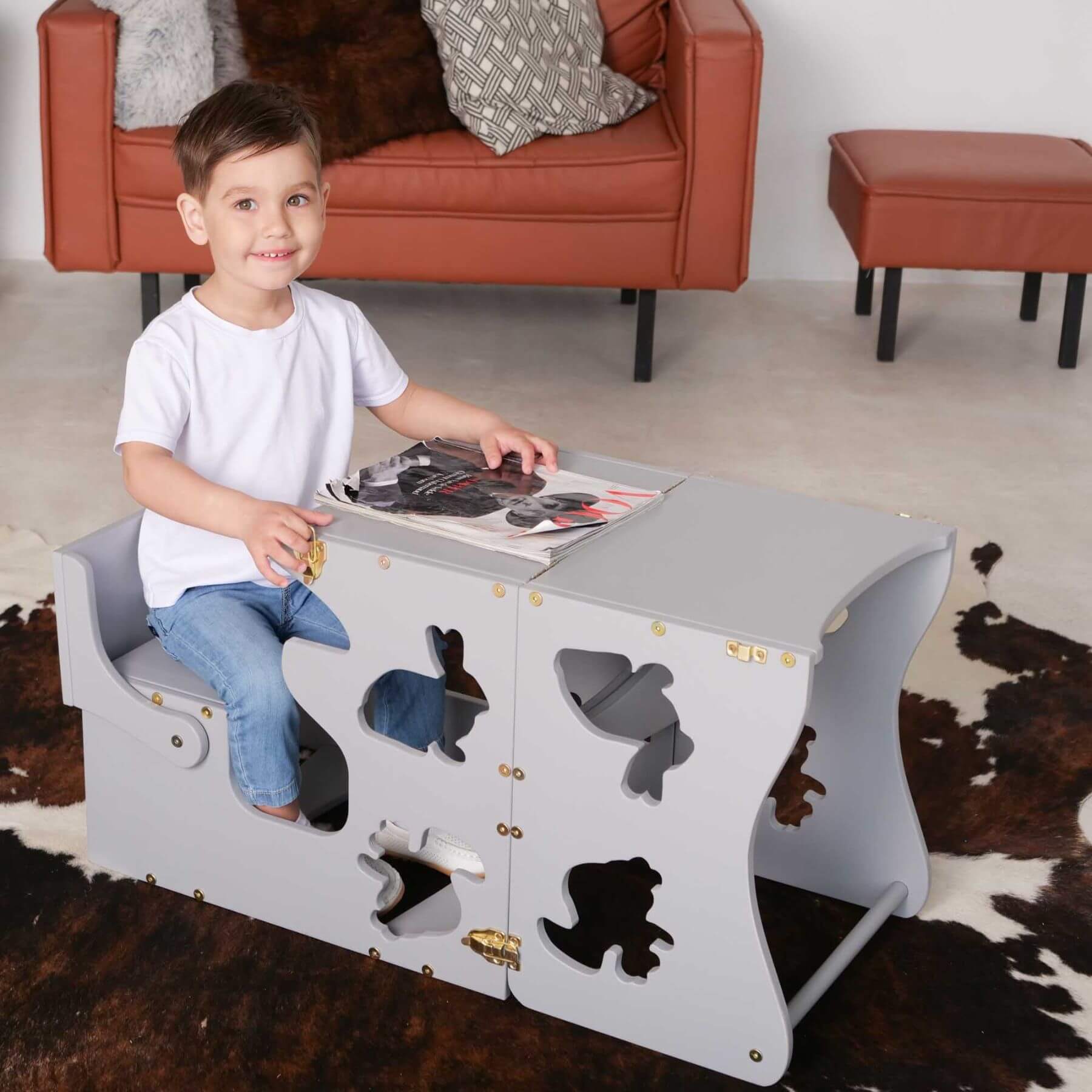 Boy Sitting at Wood and Hearts Convertible Kitchen Tower Animals Grey