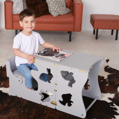 Boy Sitting at Wood and Hearts Convertible Kitchen Tower Animals Grey