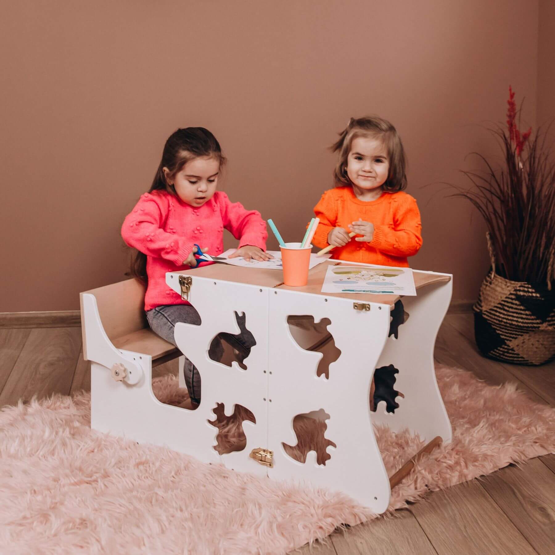 2 Girls Doing Crafts at Wood and Hearts Convertible Kitchen Tower Animals White & Wood