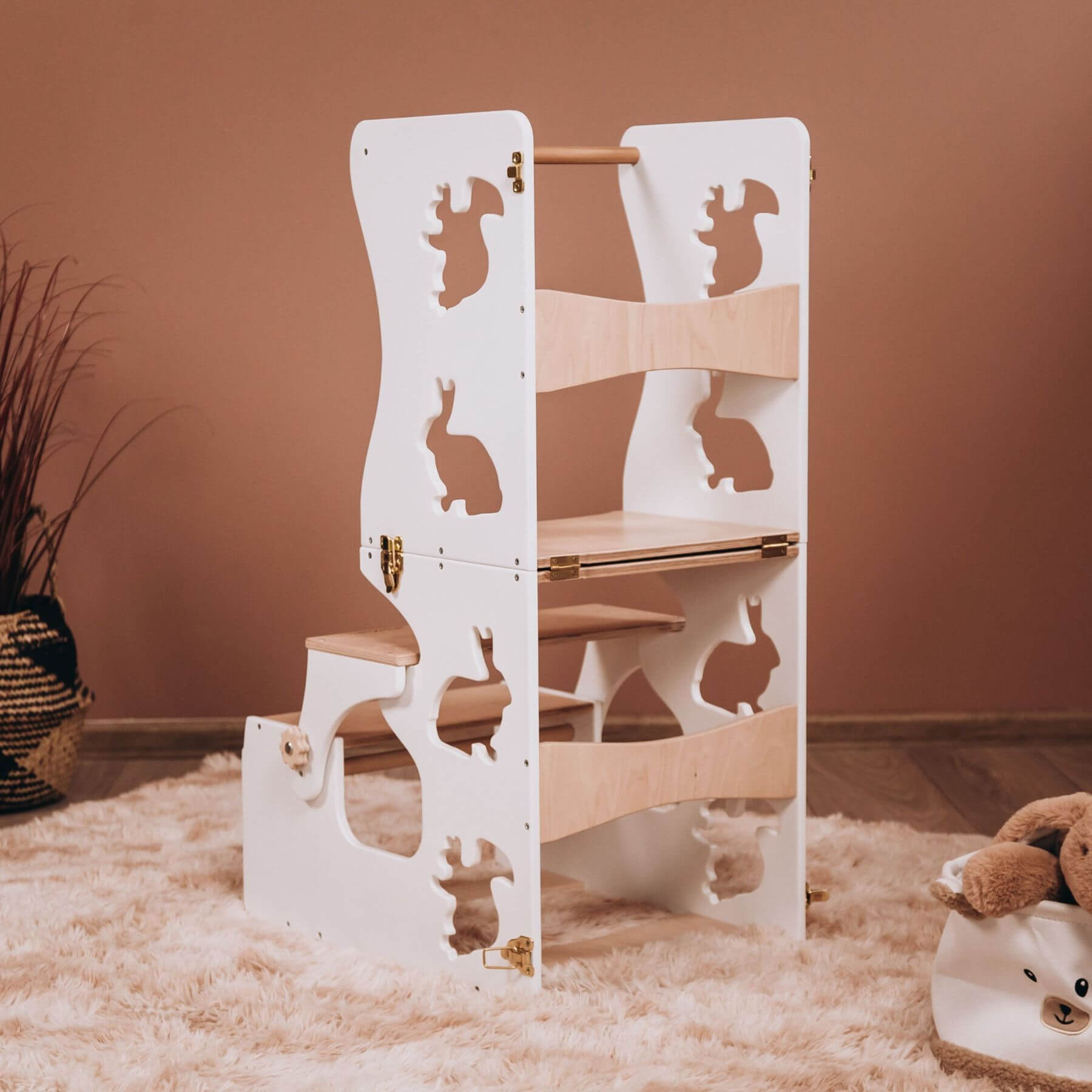 Wood and Hearts Convertible Kitchen Tower Animals White & Wood