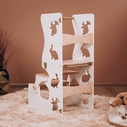 Wood and Hearts Convertible Kitchen Tower Animals White & Wood