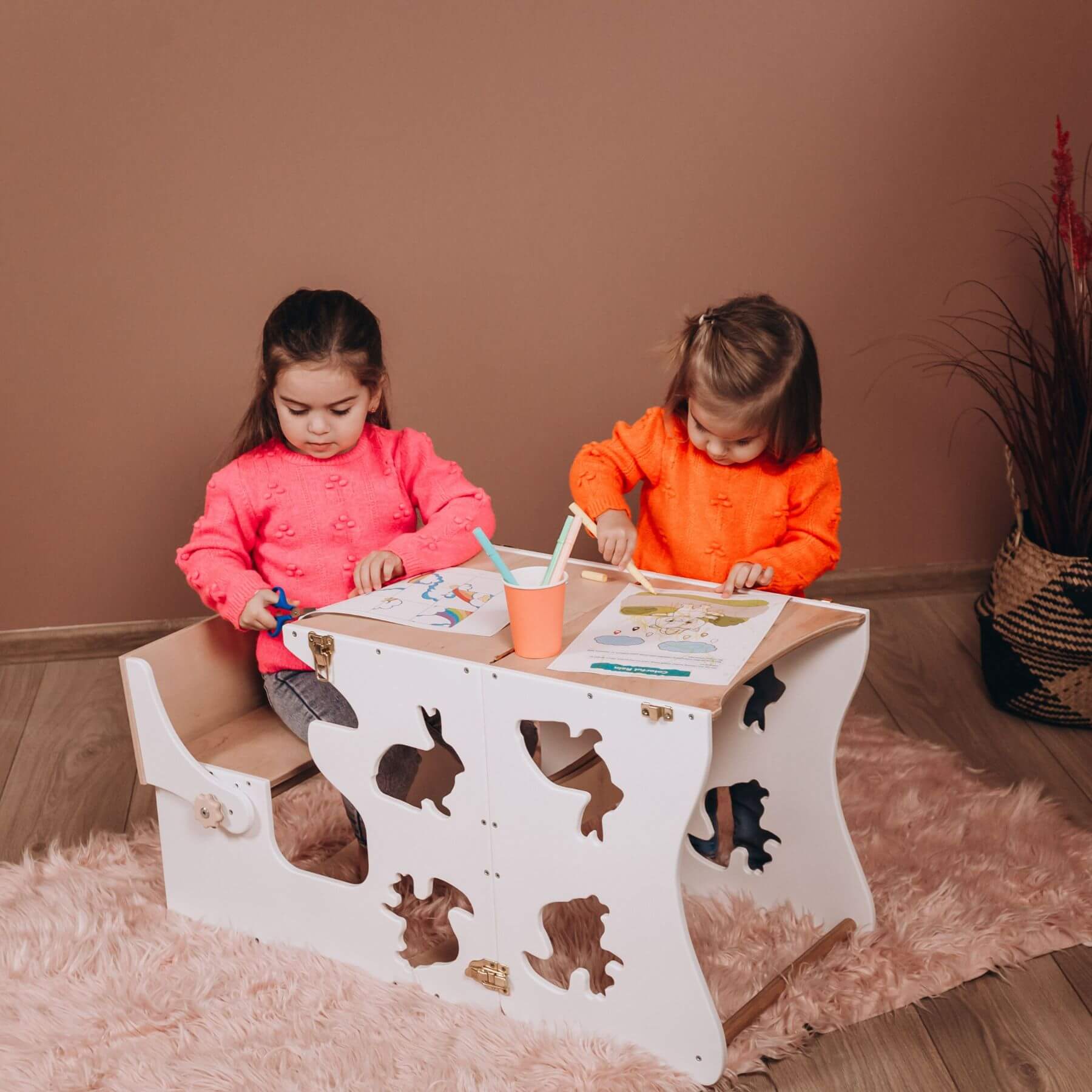 2 Girls Doing Crafts at Wood and Hearts Convertible Kitchen Tower Animals White & Wood