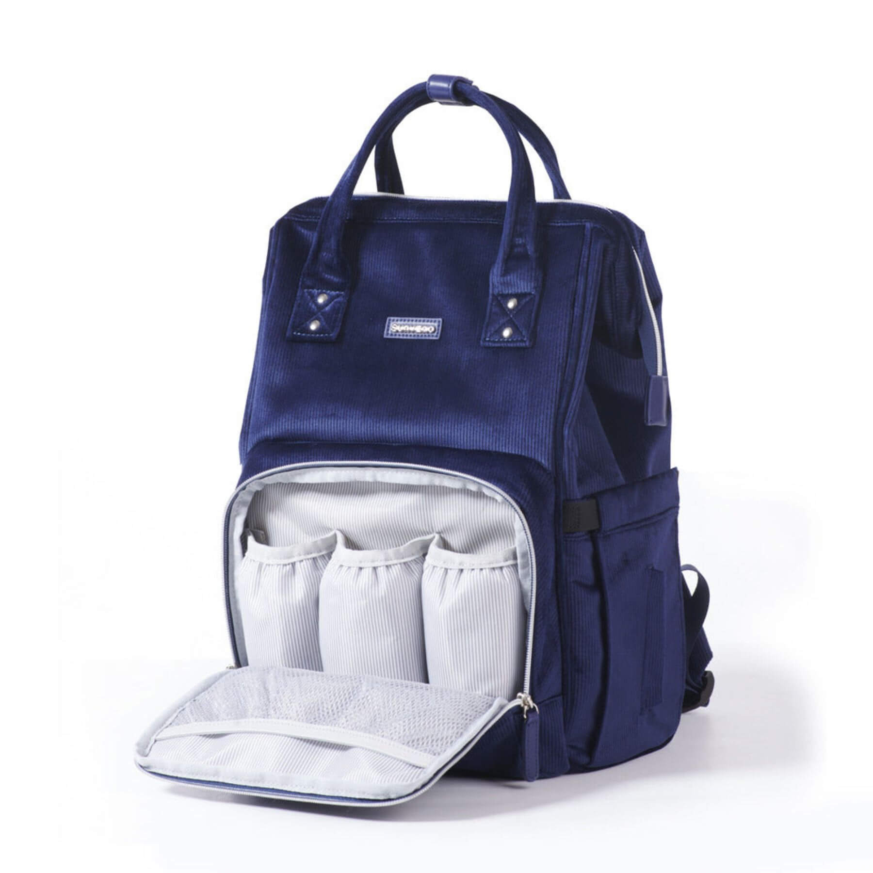 Corduroy Diaper Backpack Blue with white interior on a white background