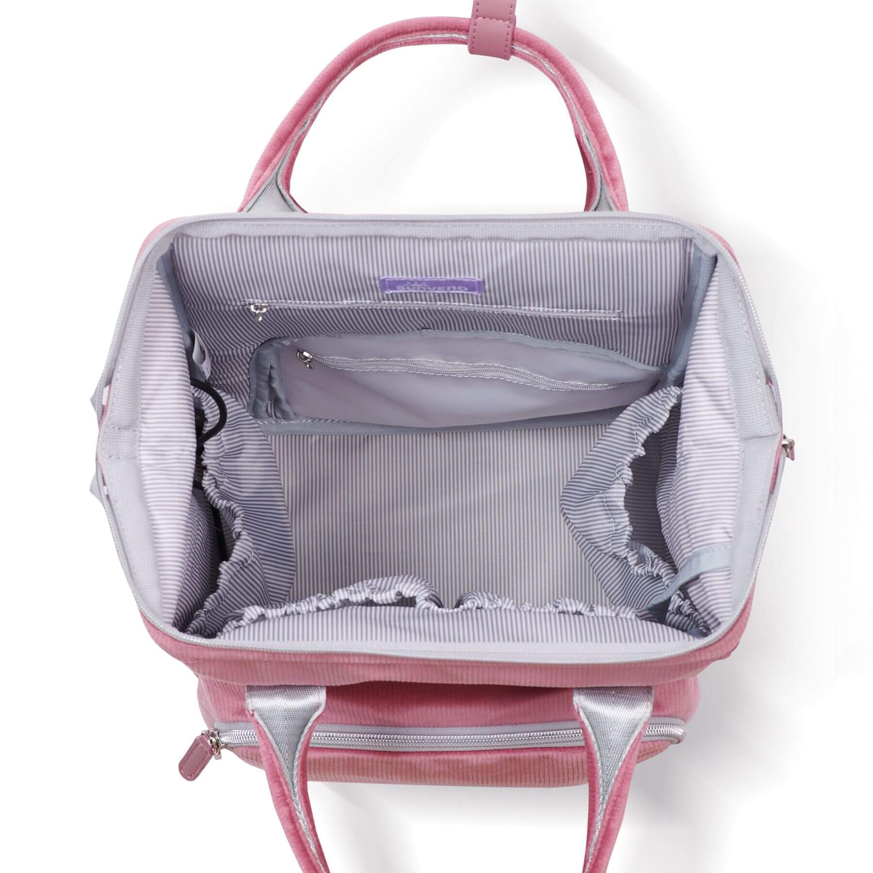 Corduroy Diaper Backpack Pink with open front compartment