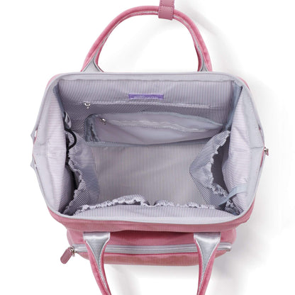 Corduroy Diaper Backpack Pink with open front compartment
