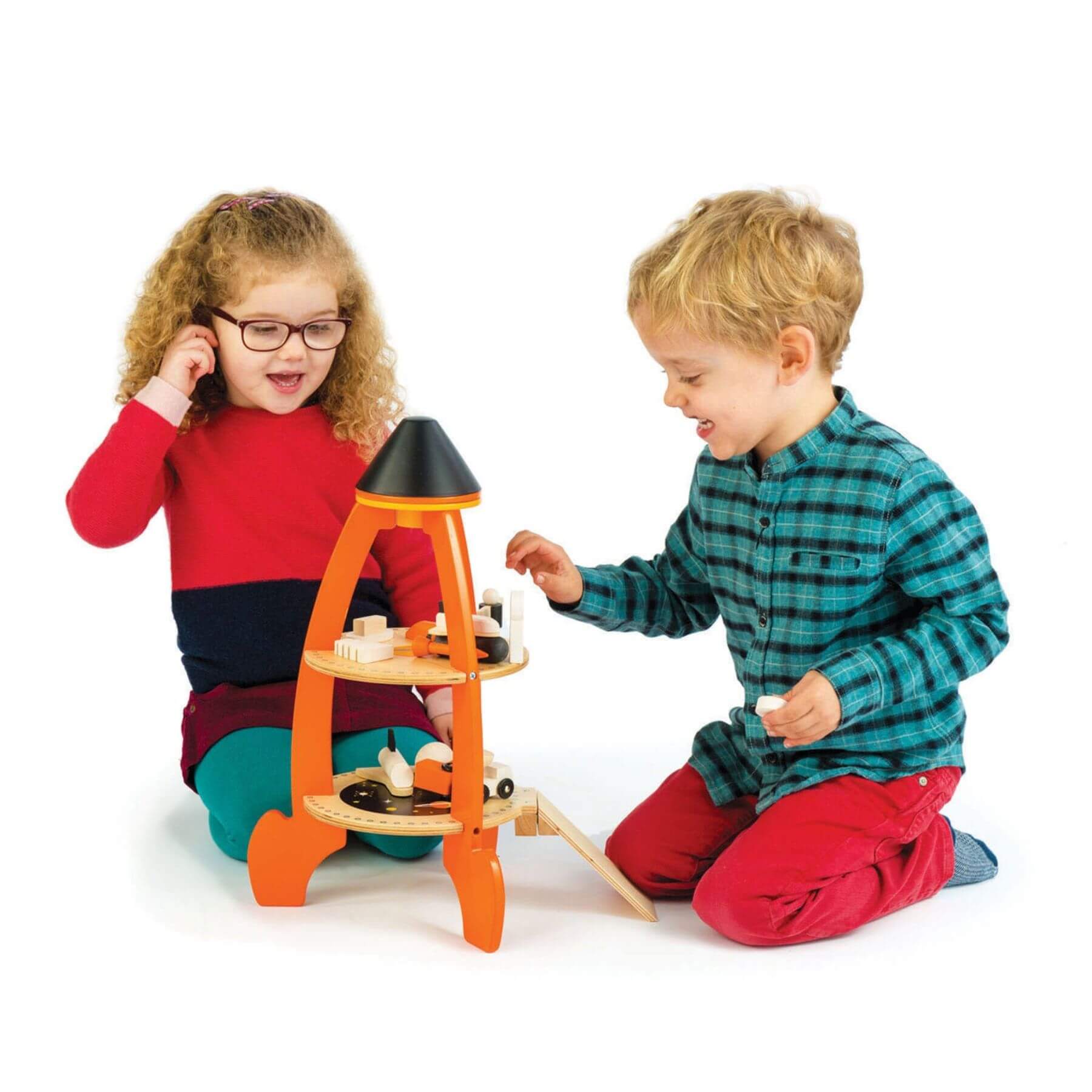 Two children playing with Tender Leaf Cosmic Rocket Set
