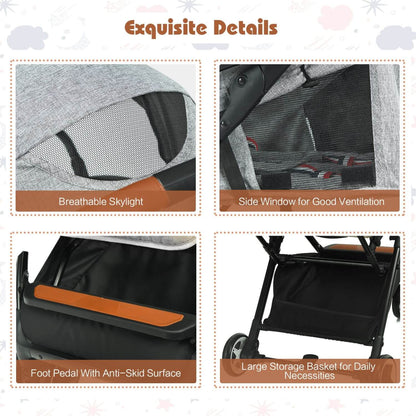 A 2x2 feature-detail collage titled 'Exquisite Details' showing close-up views of a stroller: a breathable gray mesh skylight, side window ventilation, a black foot pedal with an orange accent, and a large black storage basket.