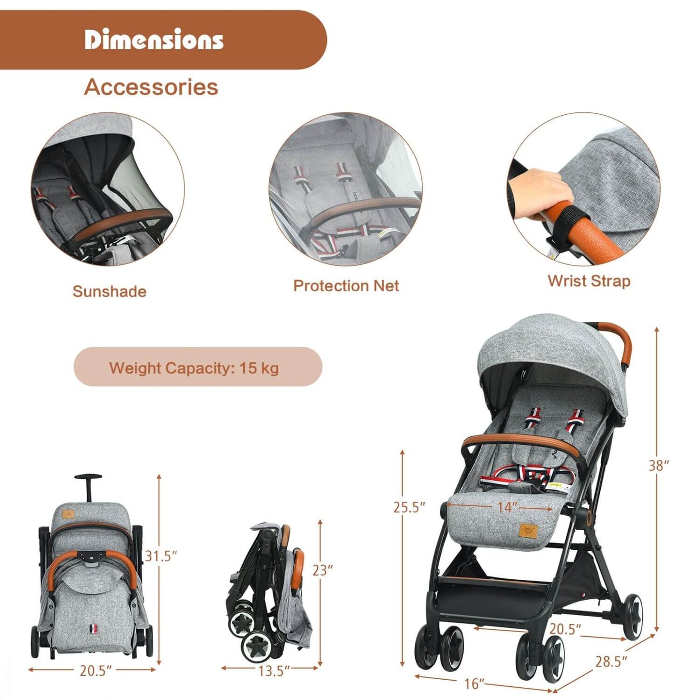 Baby stroller with dimensions and accessories listed on a white background