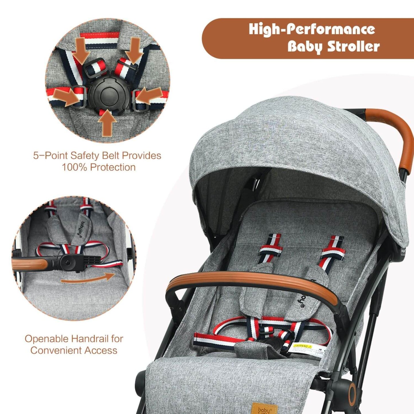 Gray high-performance baby stroller with safety belt and handrail features on a white background