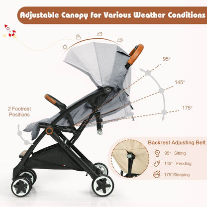 Baby stroller with adjustable canopy and backrest, featuring text on weather conditions and features.