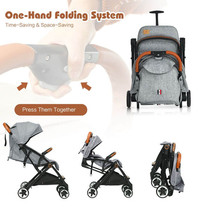 A gray and black baby stroller, shown in multiple configurations including folded and unfolded states, with a demonstration graphic of a hand folding the stroller. Text reads 'One-Hand Folding System' and 'Time-Saving & Space-Saving'.