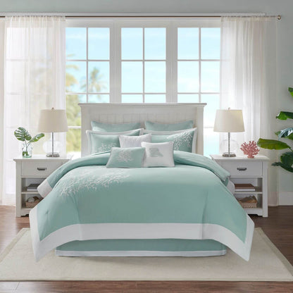 Oversized Cotton Jacquard Comforter Set Aqua Twin on a bed