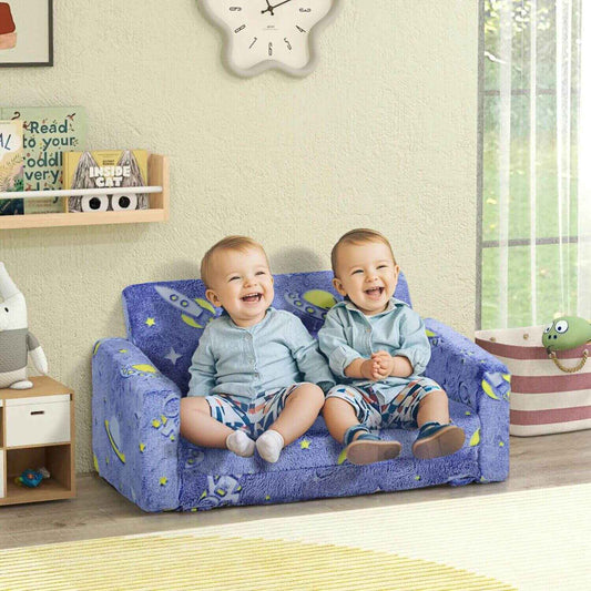 Boys Sitting on Qaba Couch with Glow in the Dark Space Pattern Blue