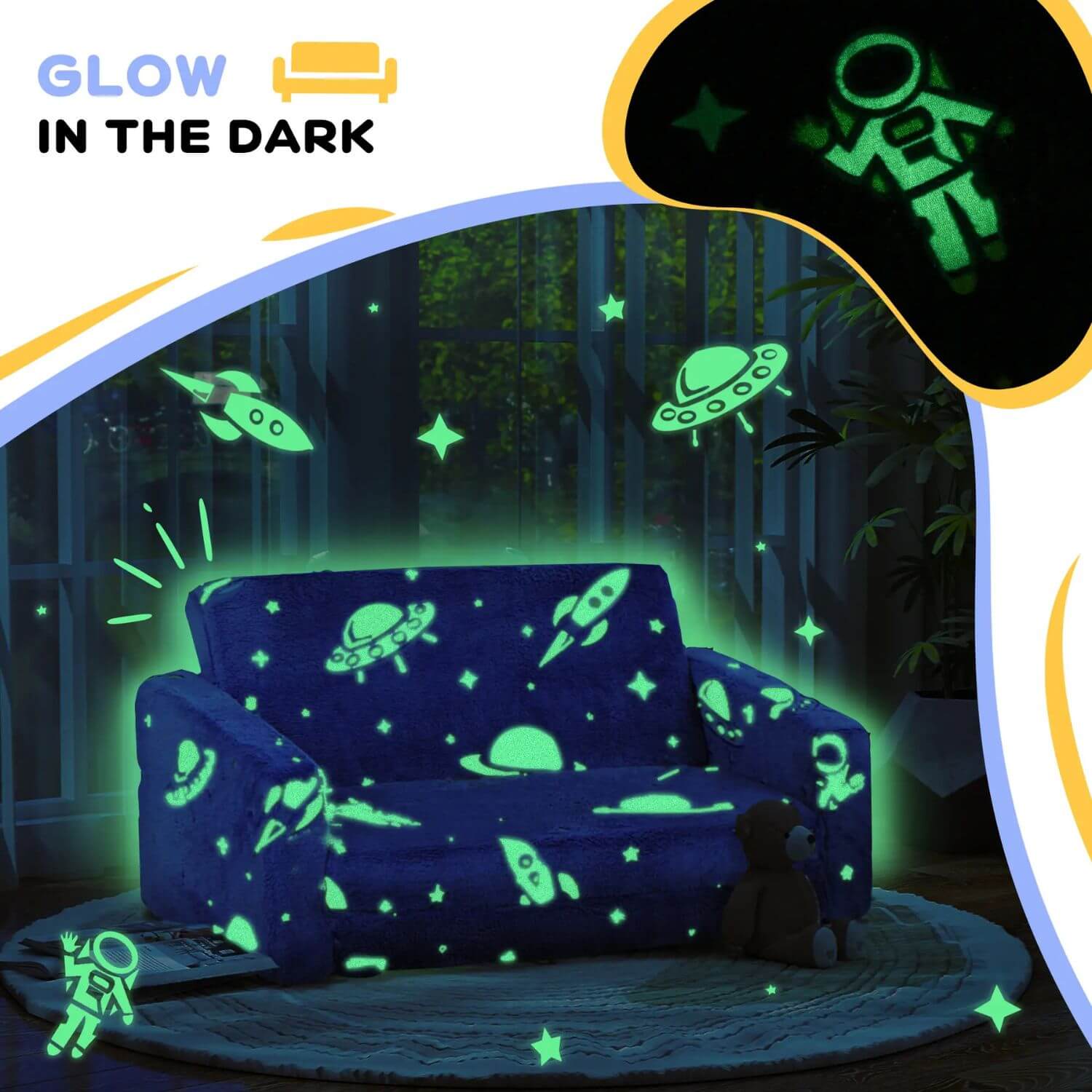 Qaba Couch with Glow in the Dark Space Pattern Blue